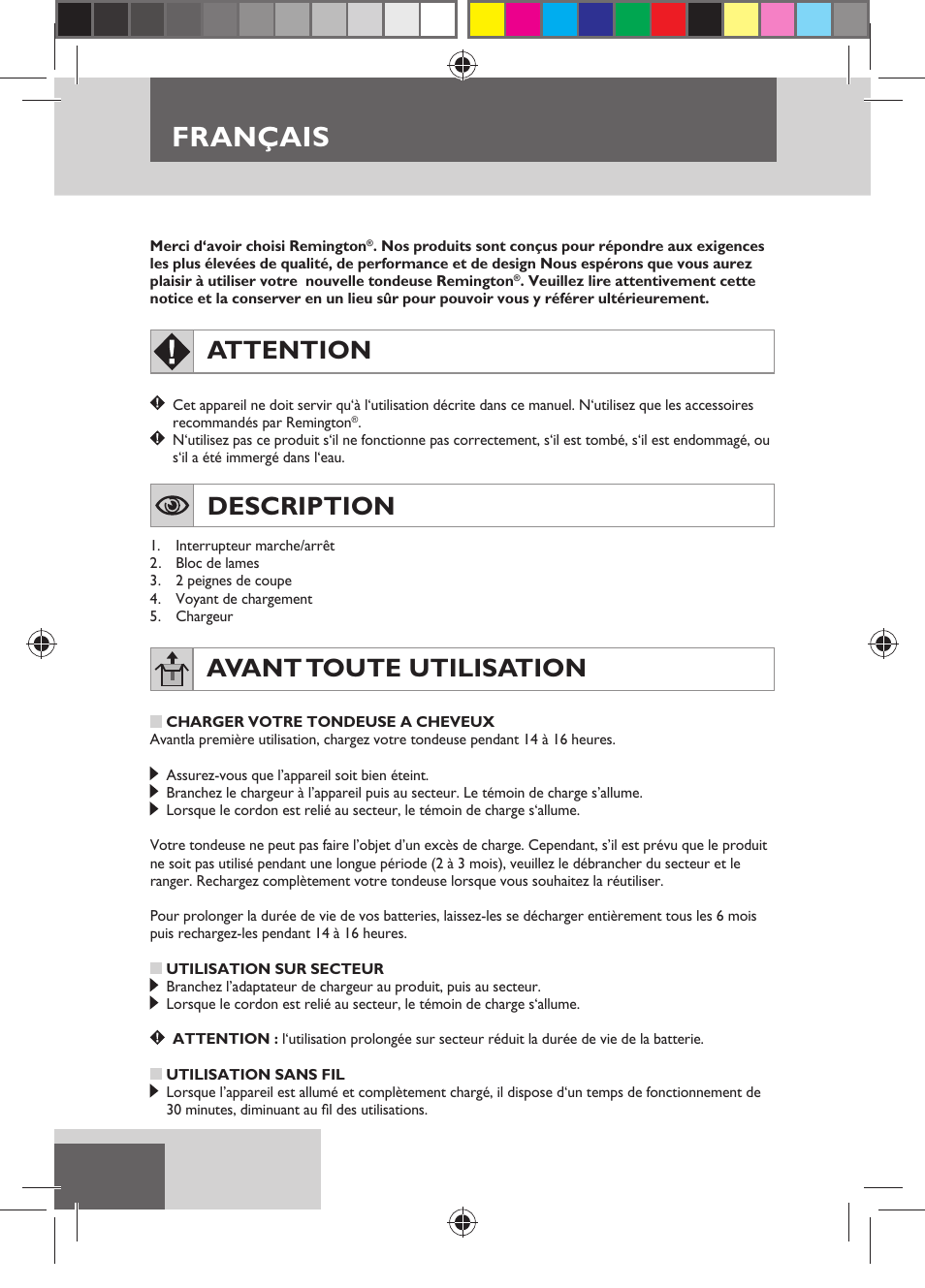Français, Attention, Description | Avant toute utilisation | Remington HC5150 User Manual | Page 22 / 125
