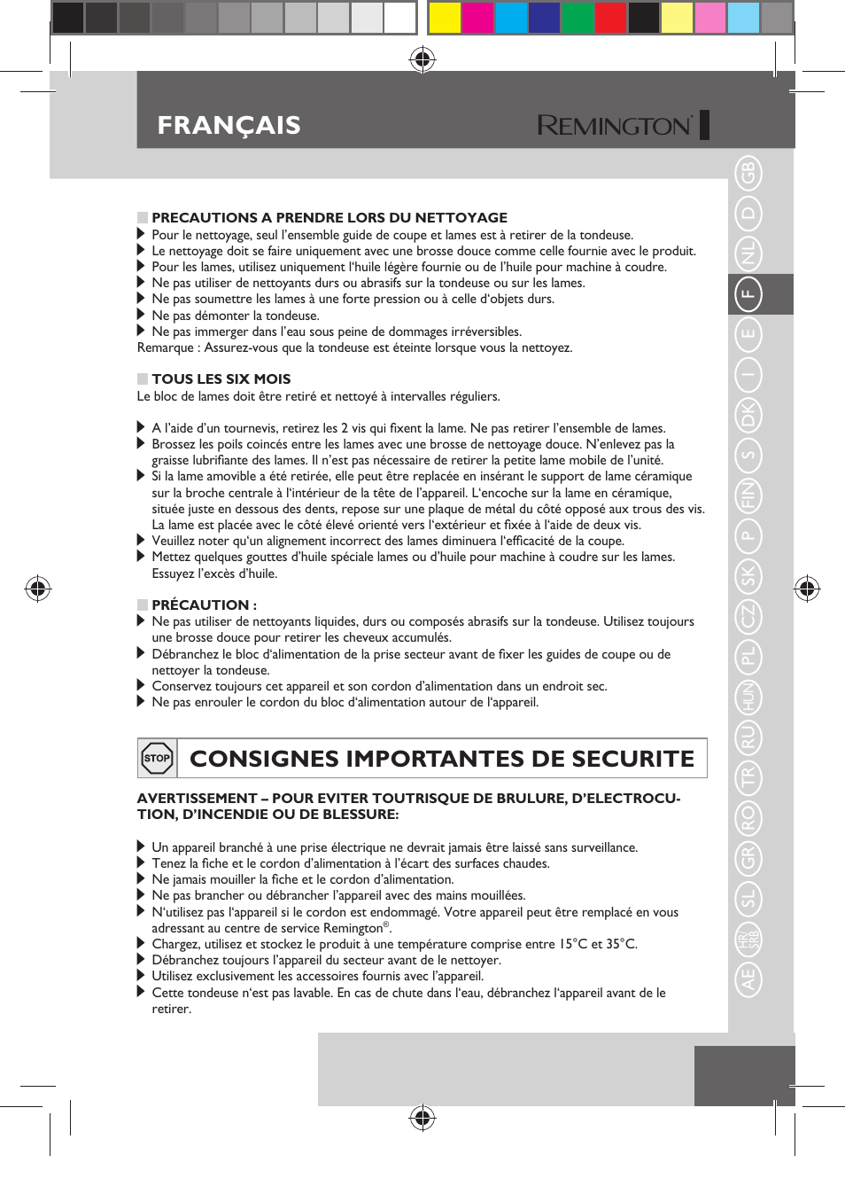 Français, Consignes importantes de securite | Remington HC5150 User Manual | Page 25 / 125