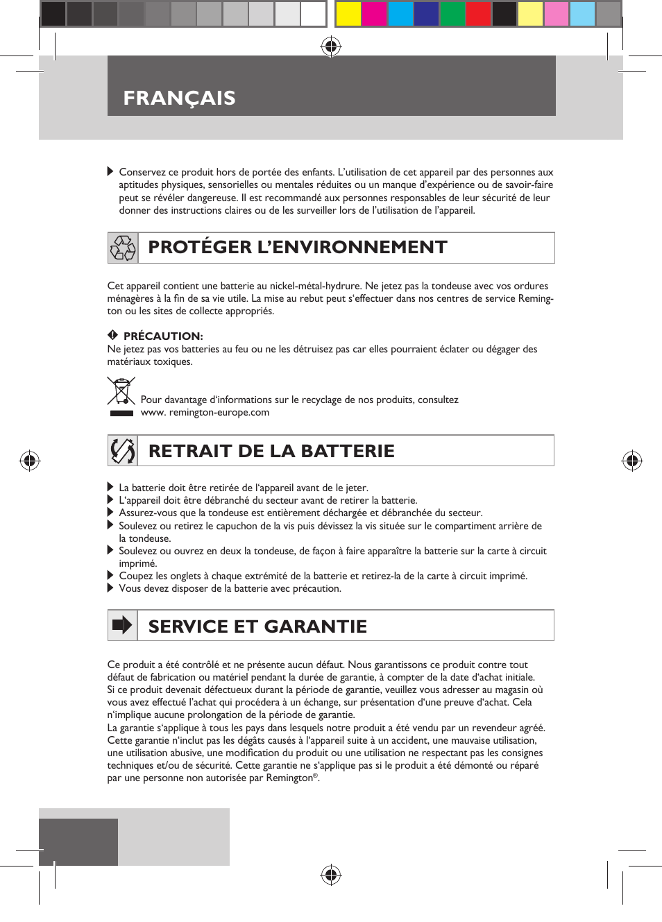 Français, Protéger l’environnement, Retrait de la batterie | Service et garantie | Remington HC5150 User Manual | Page 26 / 125