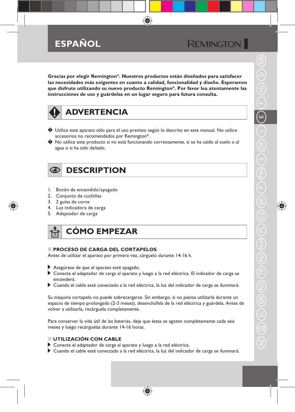 Español, Advertencia, Description | Cómo empezar | Remington HC5150 User Manual | Page 27 / 125