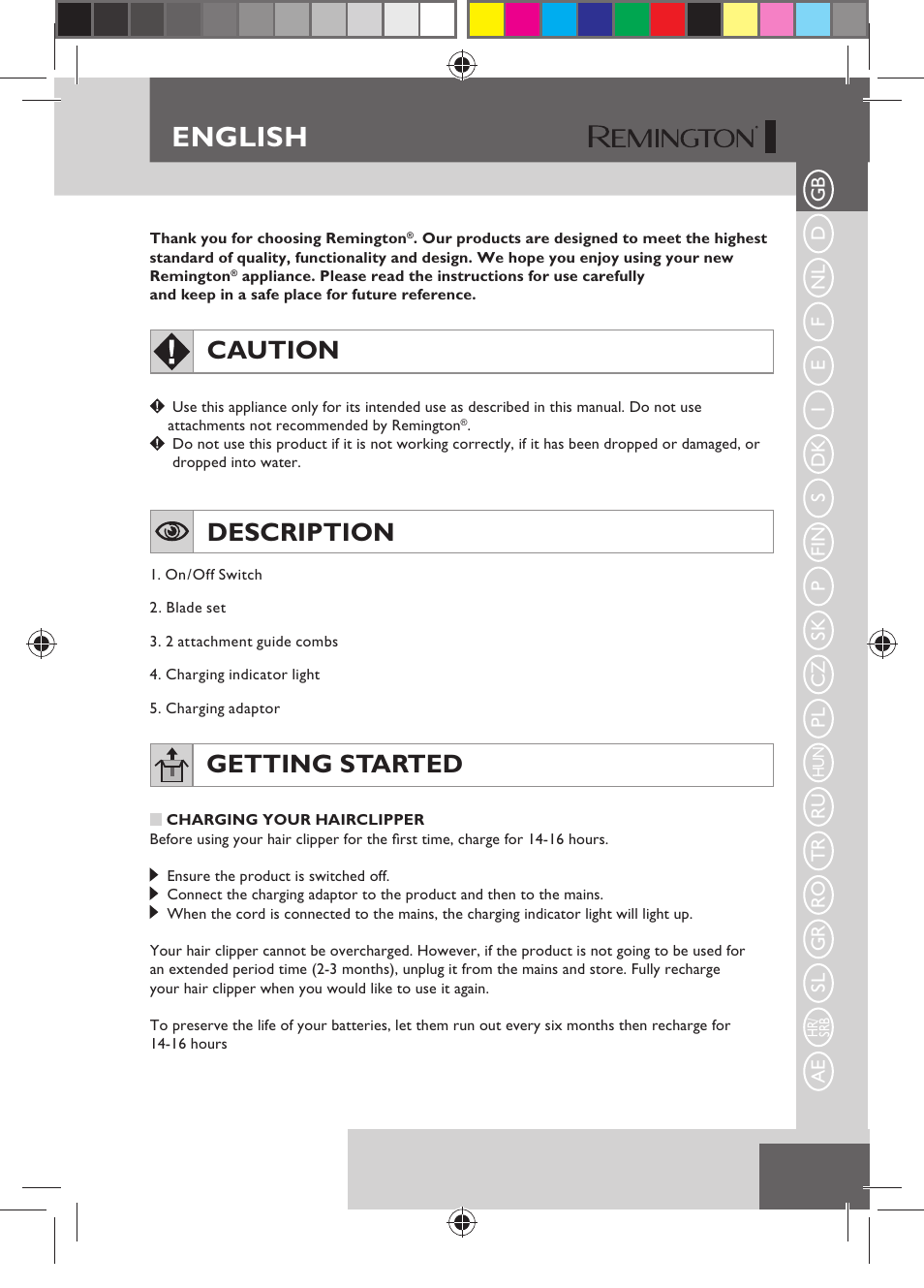 English, Caution, Description | Getting started | Remington HC5150 User Manual | Page 3 / 125