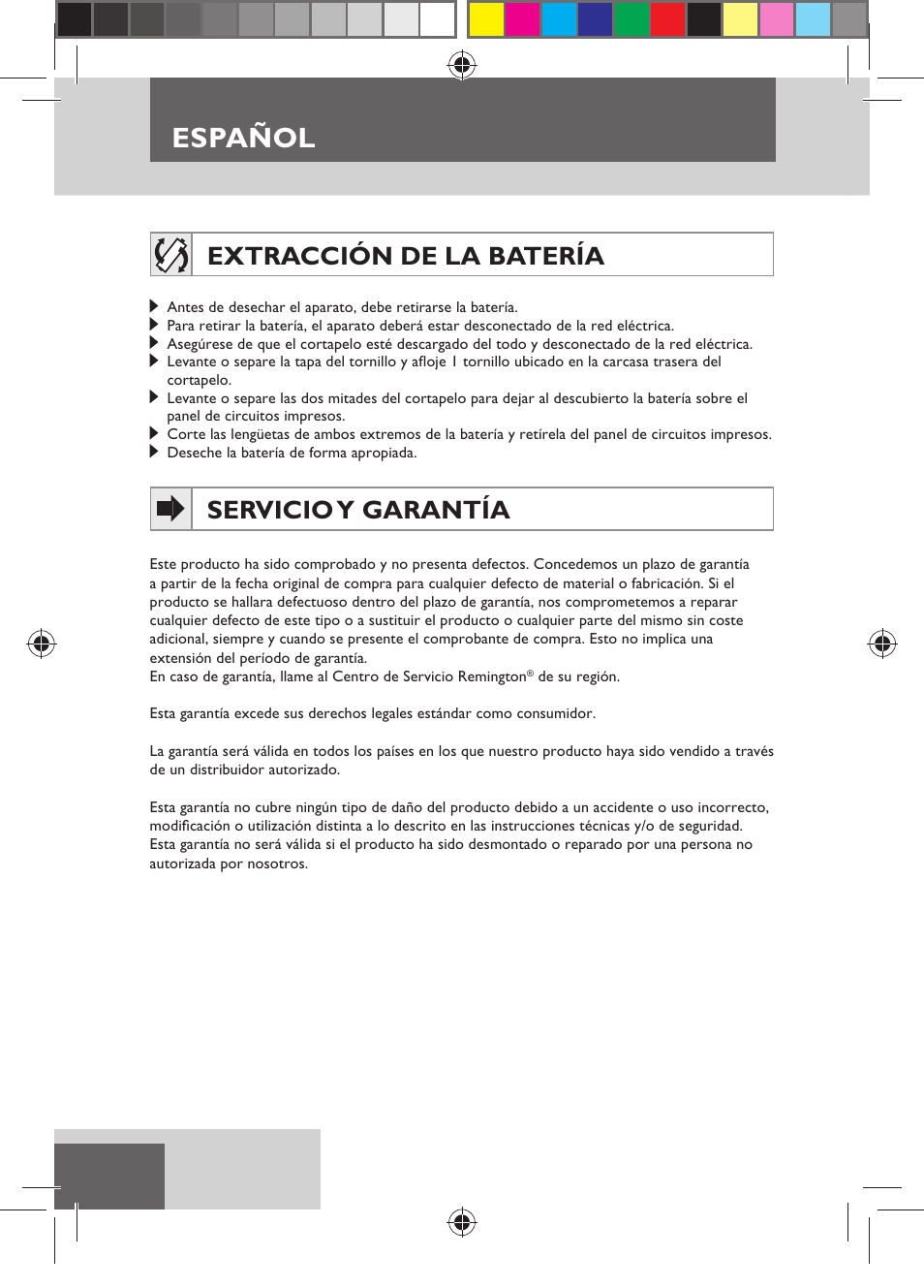 Español, Extracción de la batería, Servicio y garantía | Remington HC5150 User Manual | Page 32 / 125