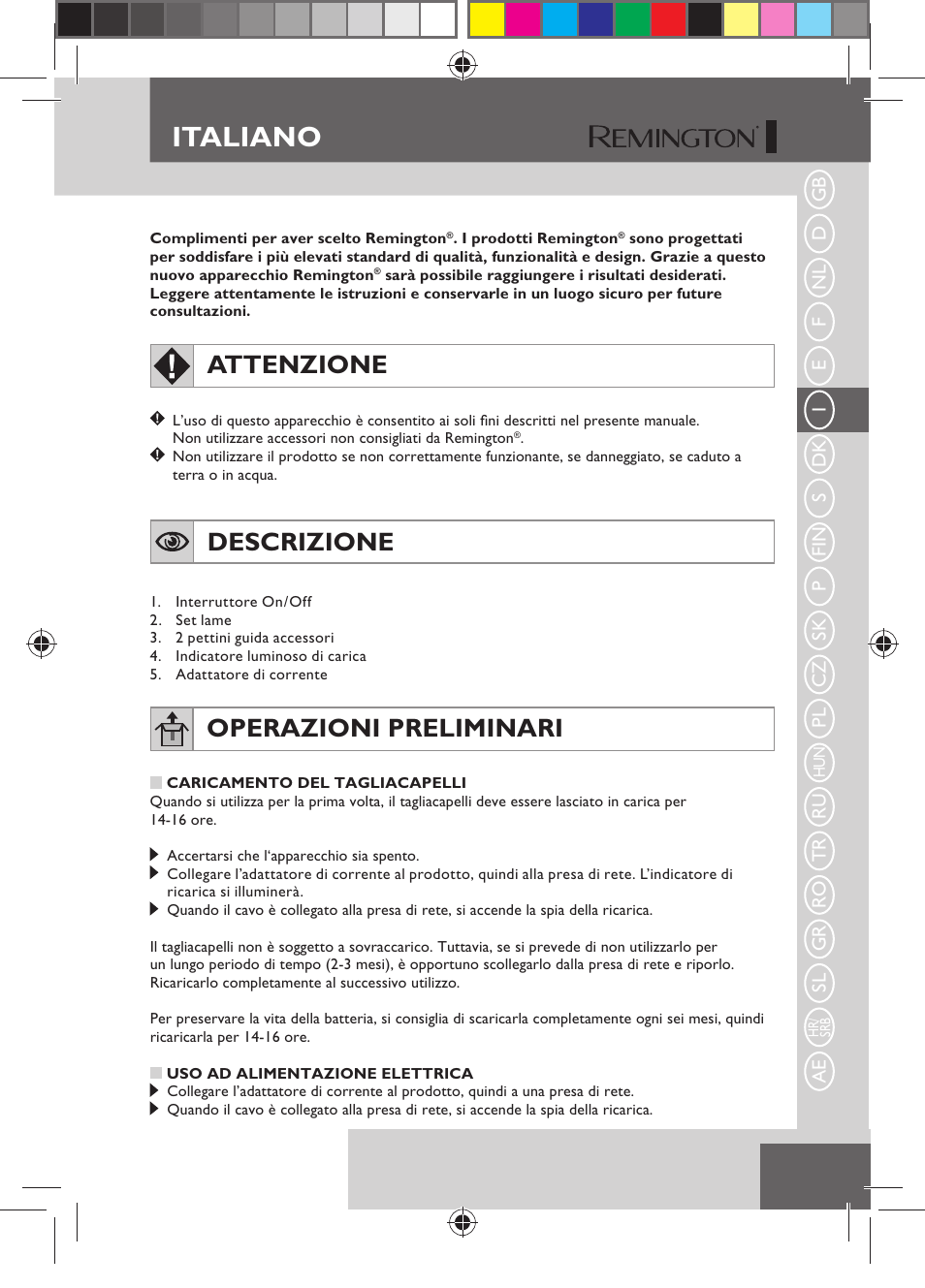 Italiano, Attenzione, Descrizione | Operazioni preliminari | Remington HC5150 User Manual | Page 33 / 125