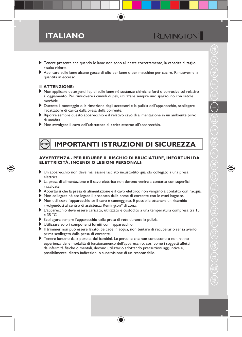 Italiano, Importanti istruzioni di sicurezza | Remington HC5150 User Manual | Page 37 / 125
