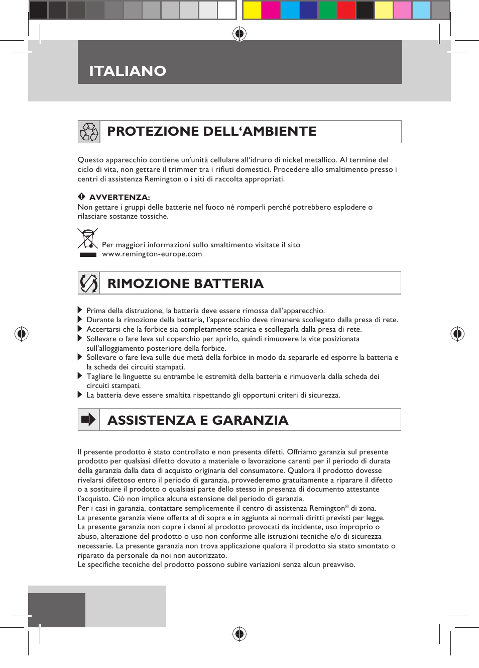 Italiano, Protezione dell‘ambiente, Rimozione batteria | Assistenza e garanzia | Remington HC5150 User Manual | Page 38 / 125