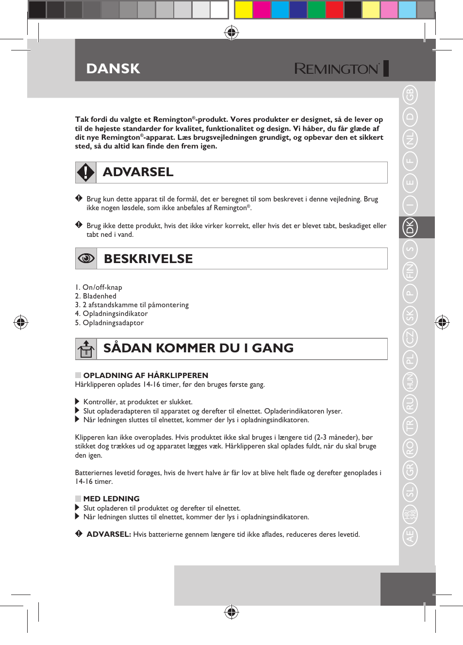 Dansk, Advarsel, Beskrivelse | Sådan kommer du i gang | Remington HC5150 User Manual | Page 39 / 125