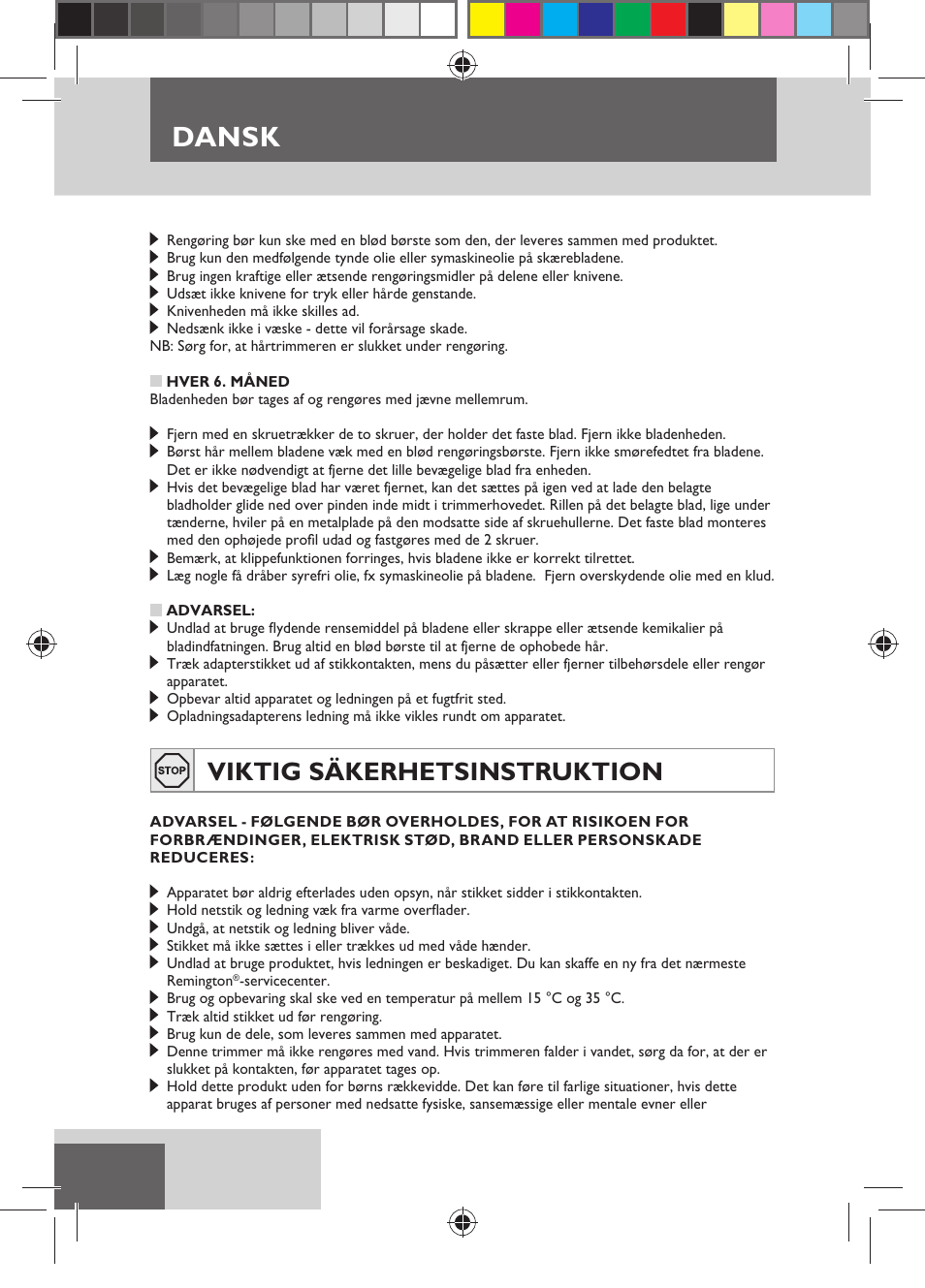 Dansk, Viktig säkerhetsinstruktion | Remington HC5150 User Manual | Page 42 / 125