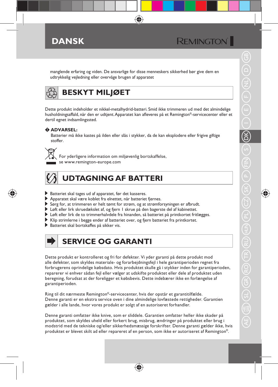 Dansk, Beskyt miljøet, Udtagning af batteri | Service og garanti | Remington HC5150 User Manual | Page 43 / 125
