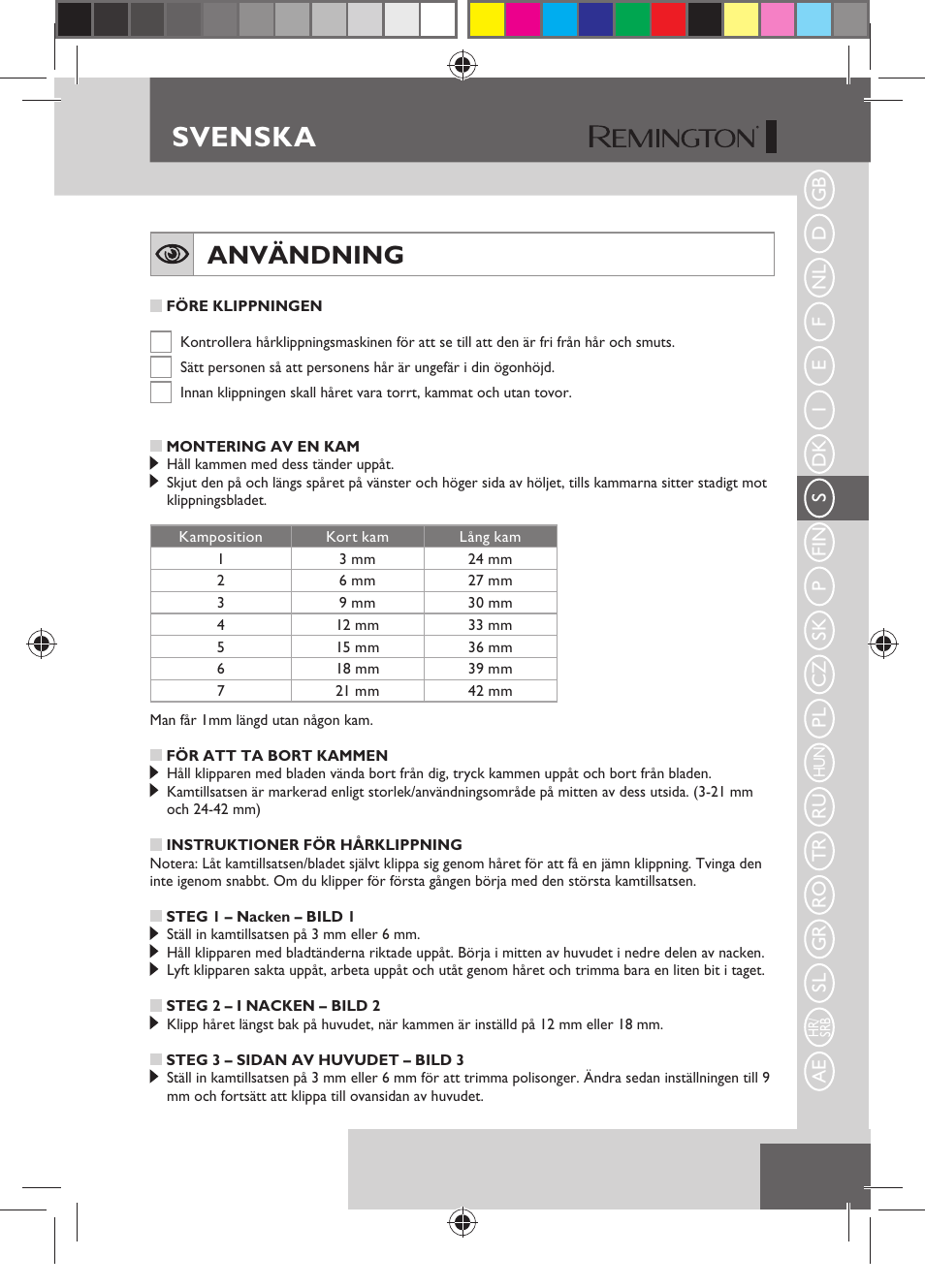 Svenska, Användning | Remington HC5150 User Manual | Page 45 / 125