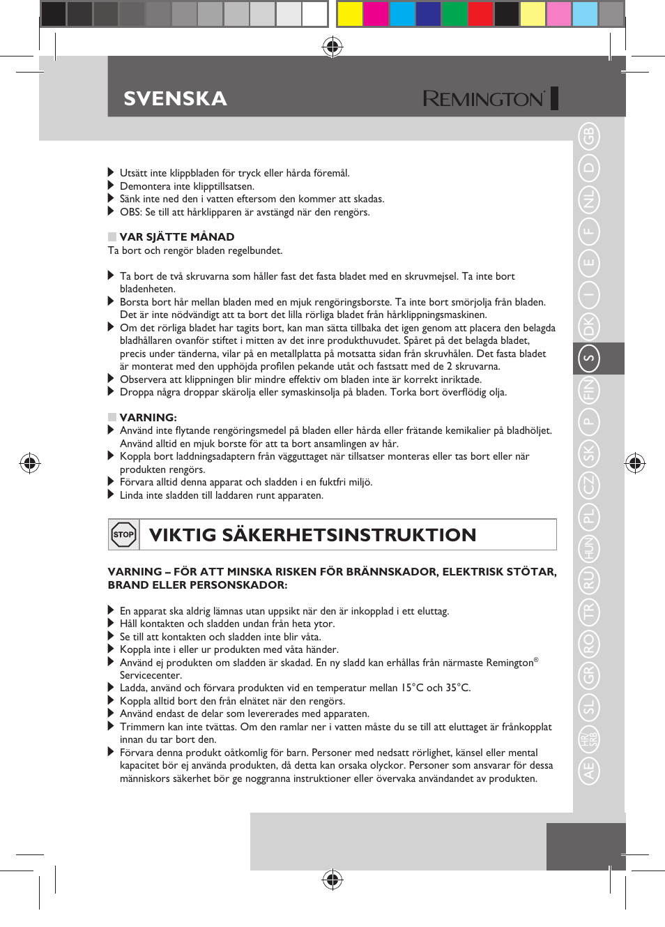 Svenska, Viktig säkerhetsinstruktion | Remington HC5150 User Manual | Page 47 / 125