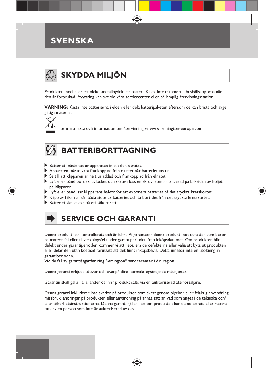 Svenska, Skydda miljön, Batteriborttagning | Service och garanti | Remington HC5150 User Manual | Page 48 / 125