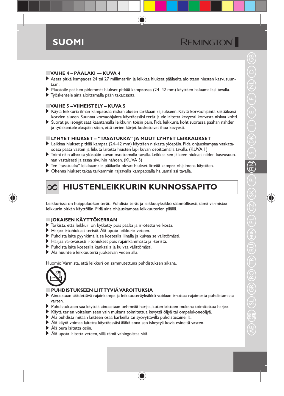 Suomi, Hiustenleikkurin kunnossapito | Remington HC5150 User Manual | Page 51 / 125