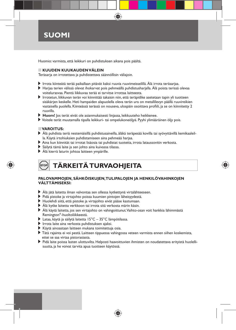 Suomi, Tärkeitä turvaohjeita | Remington HC5150 User Manual | Page 52 / 125
