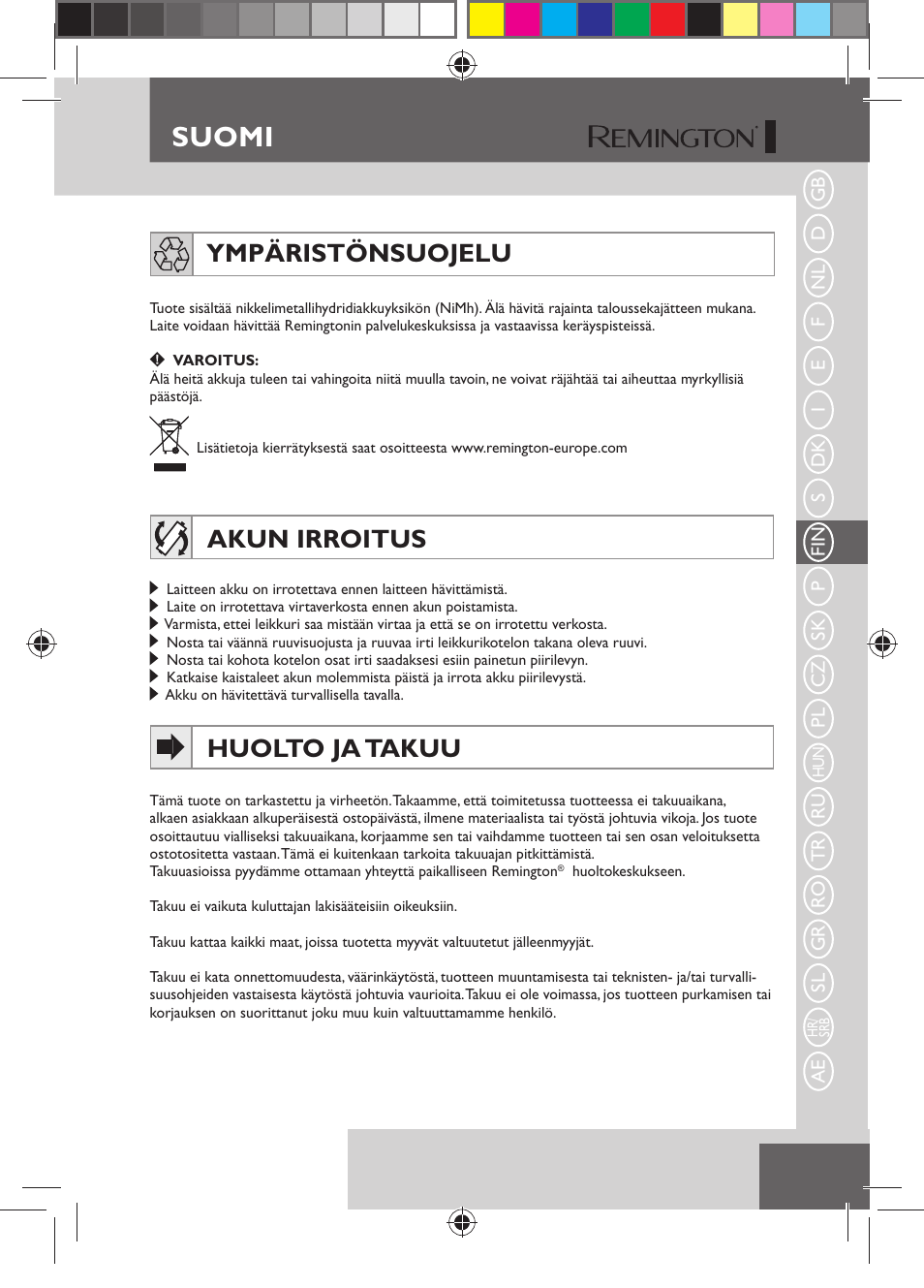 Suomi, Ympäristönsuojelu, Akun irroitus | Huolto ja takuu | Remington HC5150 User Manual | Page 53 / 125