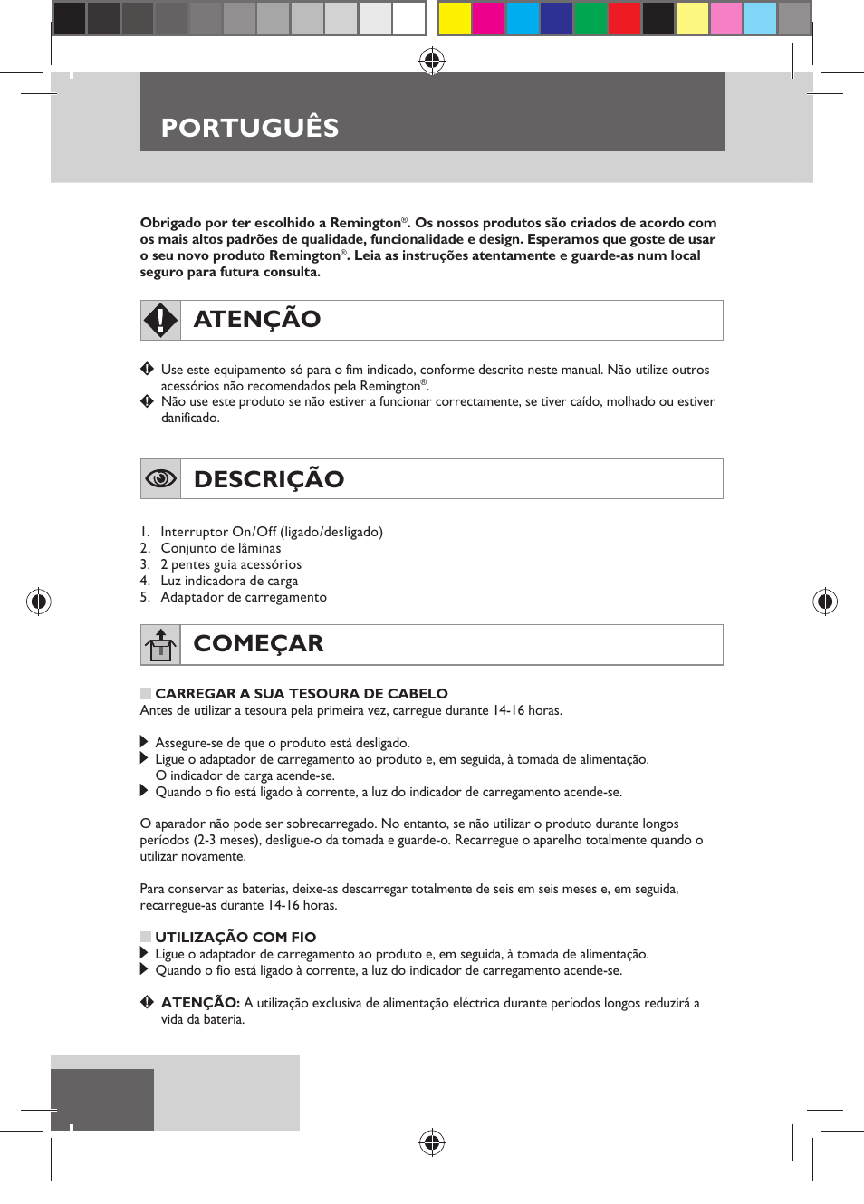 Português, Atenção, Descrição | Começar | Remington HC5150 User Manual | Page 54 / 125