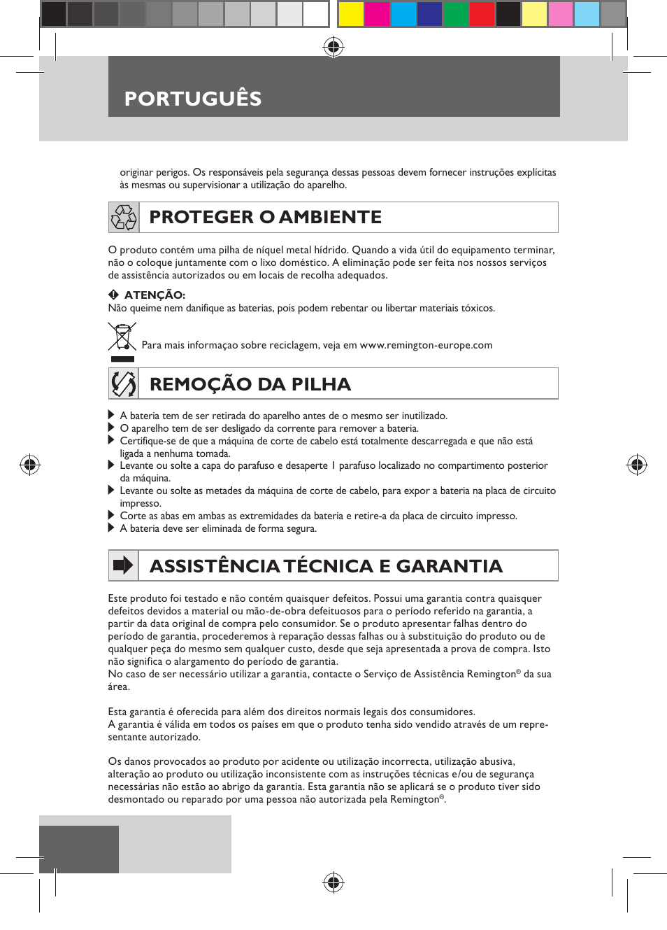 Português, Proteger o ambiente, Remoção da pilha | Assistência técnica e garantia | Remington HC5150 User Manual | Page 58 / 125