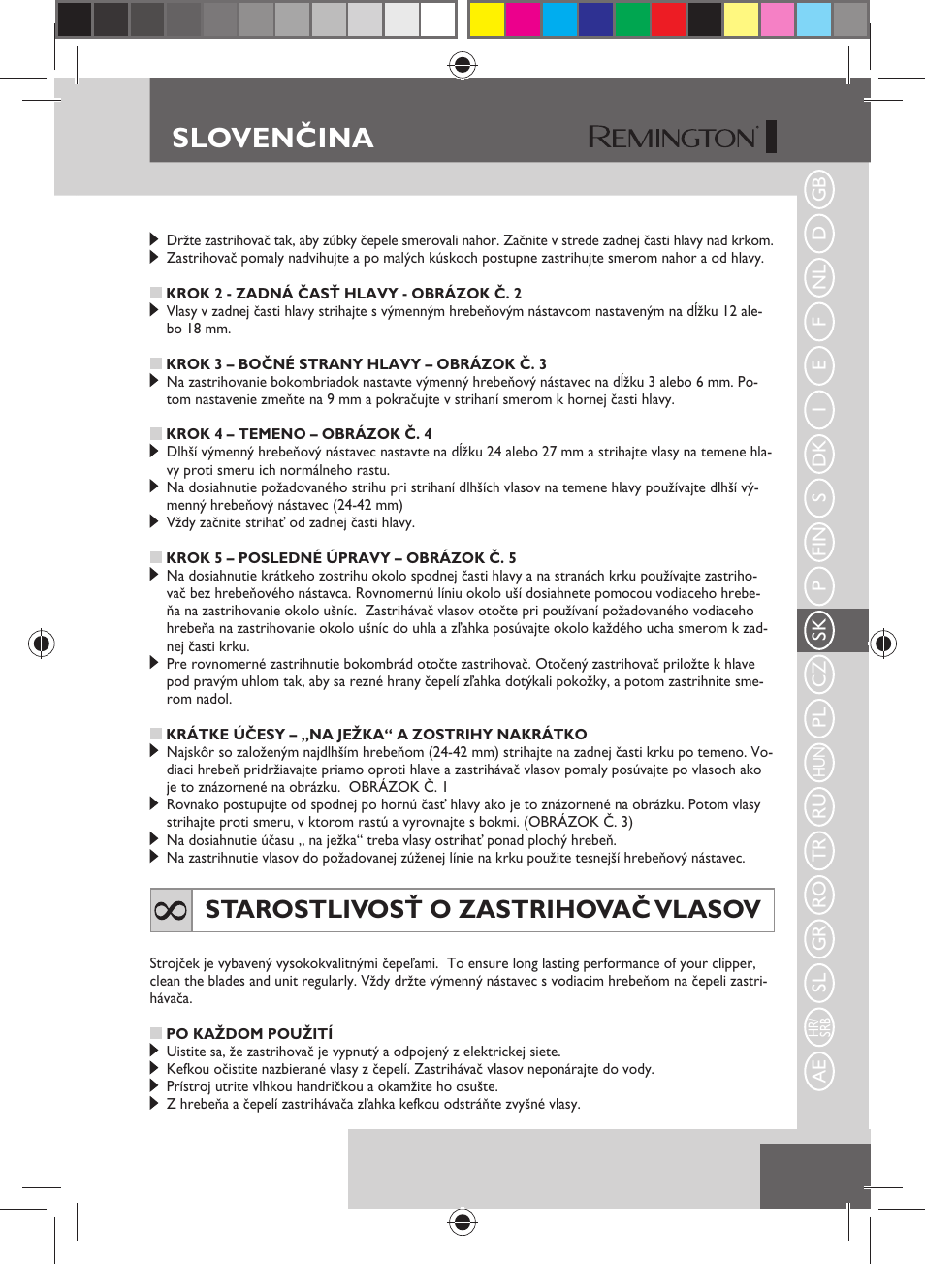 Slovenčina, Starostlivosť o zastrihovač vlasov | Remington HC5150 User Manual | Page 61 / 125