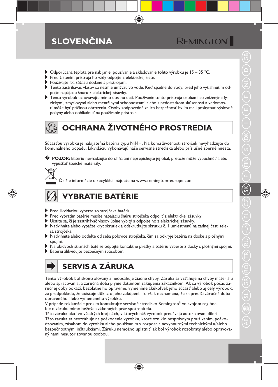 Slovenčina, Ochrana životného prostredia, Vybratie batérie | Servis a záruka | Remington HC5150 User Manual | Page 63 / 125