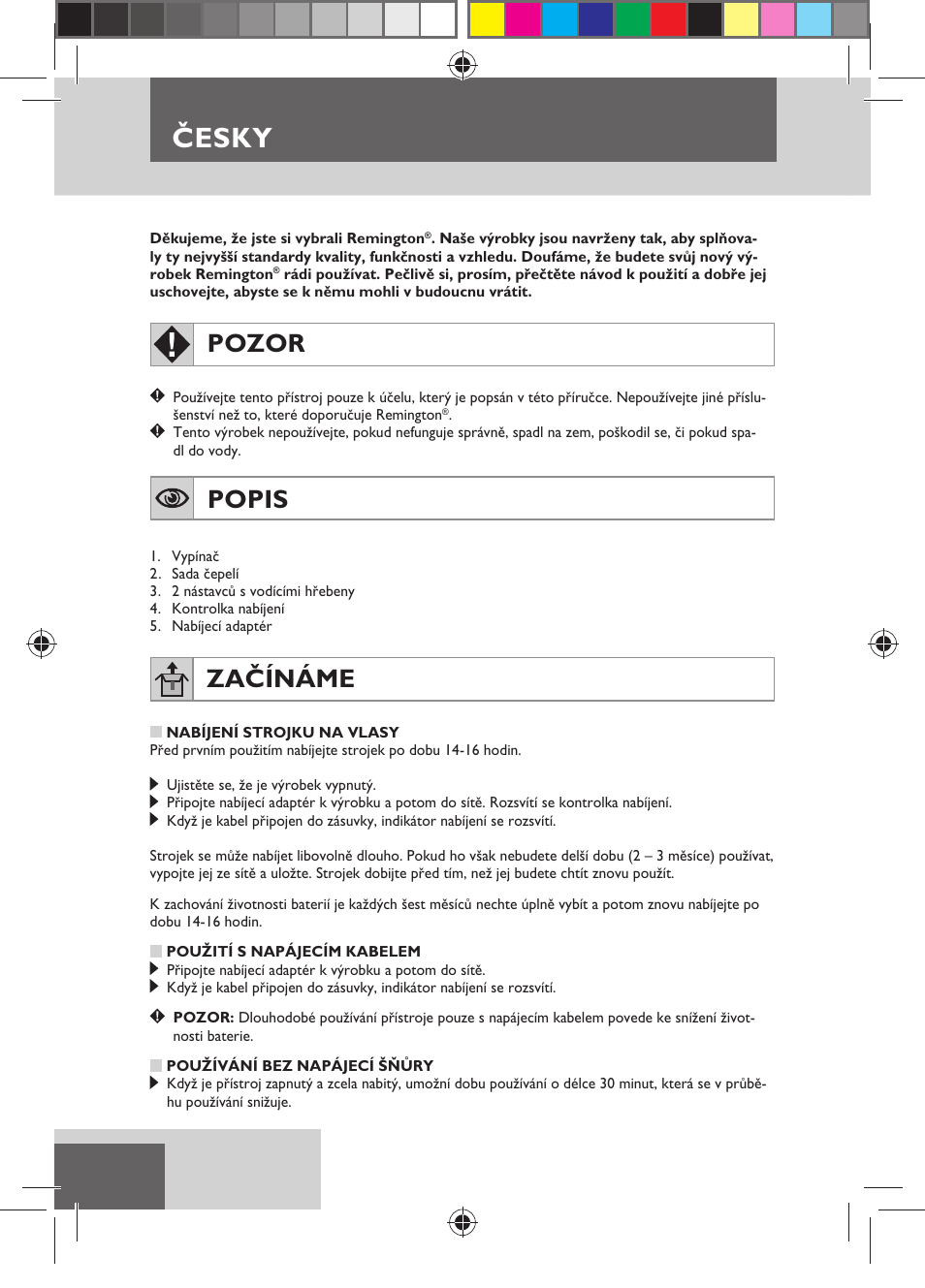 Česky, Pozor, Popis | Začínáme | Remington HC5150 User Manual | Page 64 / 125