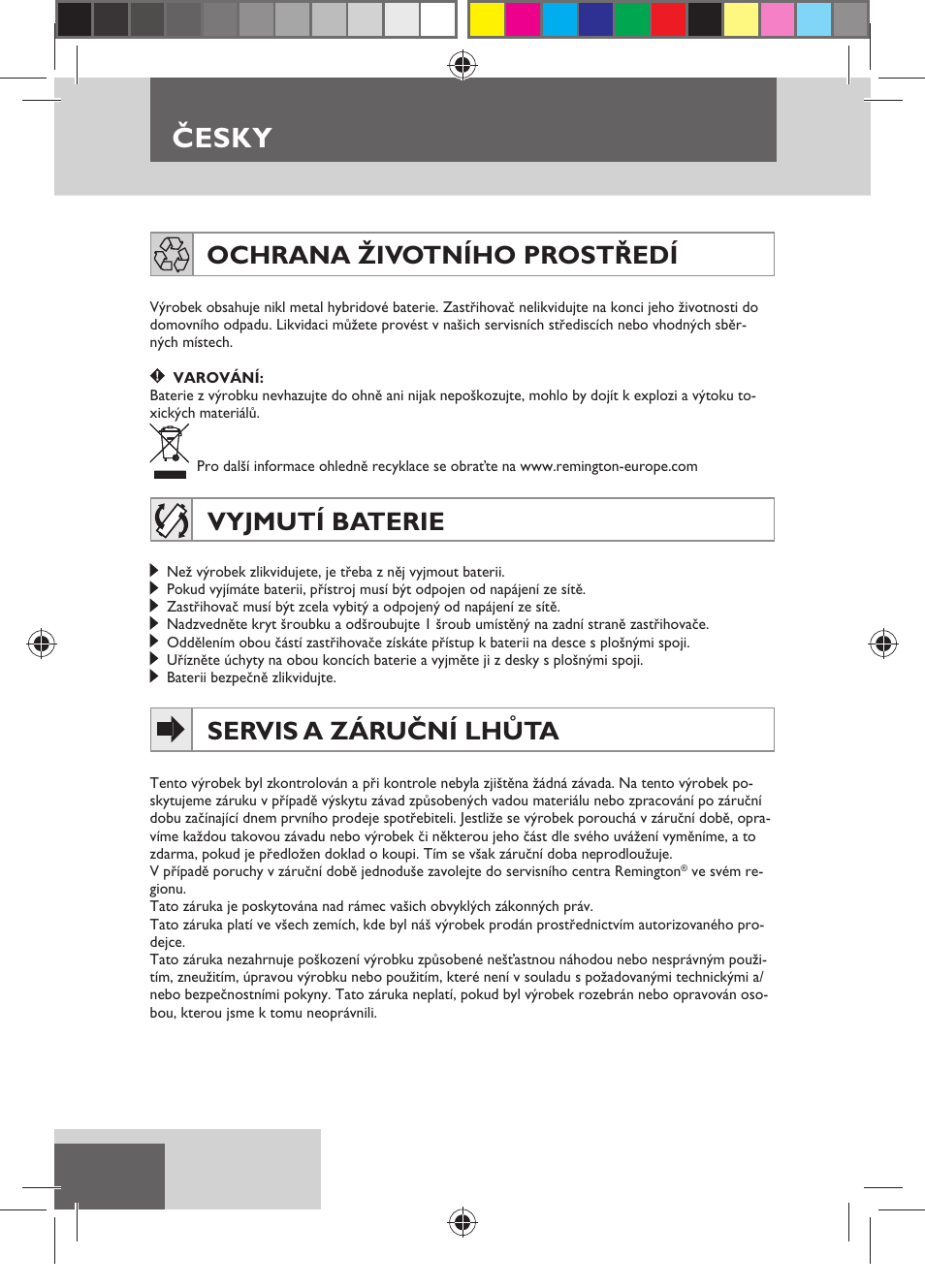 Česky, Ochrana životního prostředí, Vyjmutí baterie | Servis a záruční lhůta | Remington HC5150 User Manual | Page 68 / 125