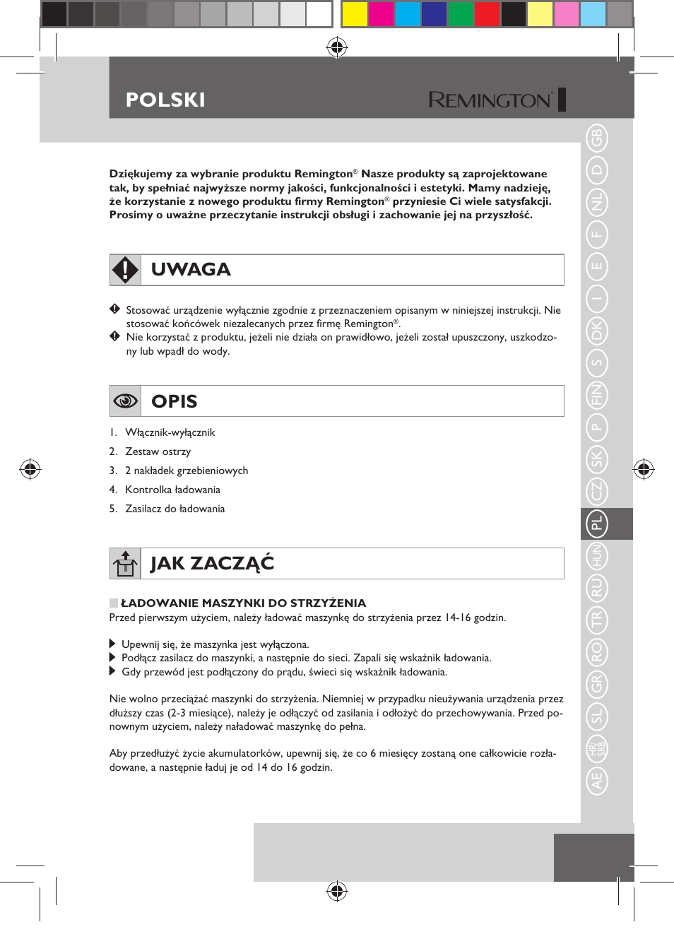 Polski, Uwaga, Opis | Jak zacząć | Remington HC5150 User Manual | Page 69 / 125