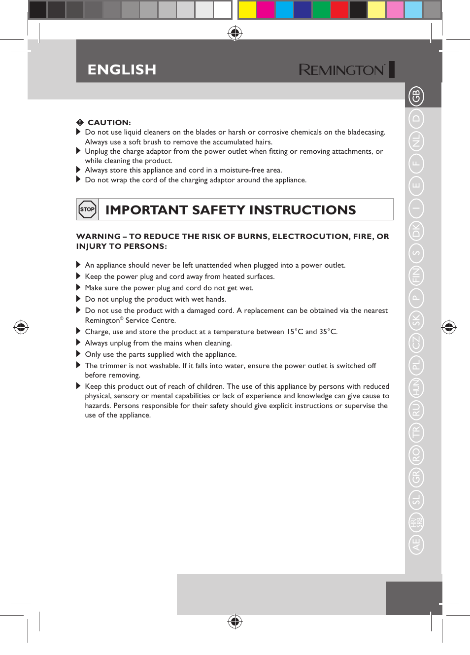 English, Important safety instructions | Remington HC5150 User Manual | Page 7 / 125