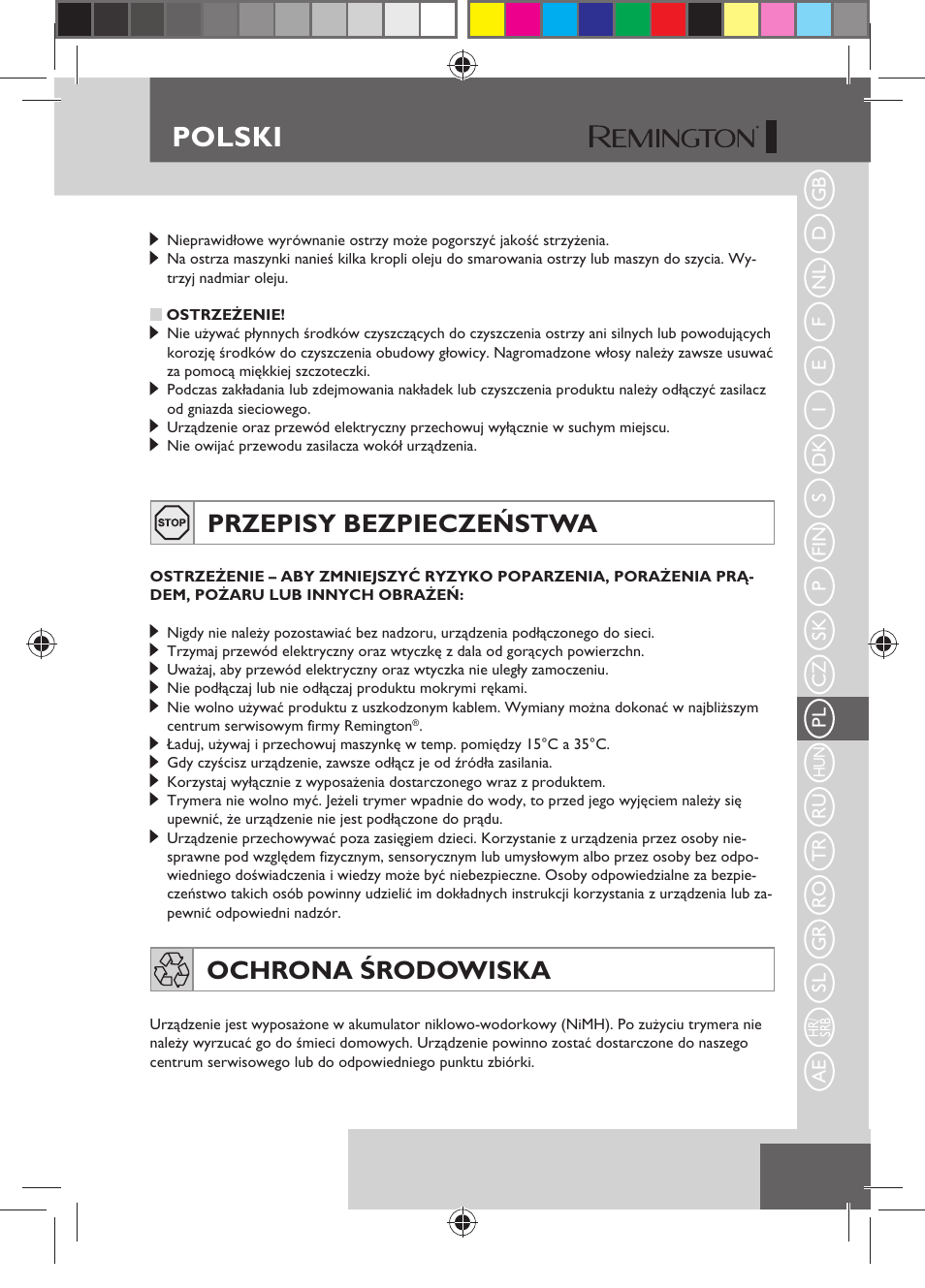 Polski, Przepisy bezpieczeństwa, Ochrona środowiska | Remington HC5150 User Manual | Page 73 / 125