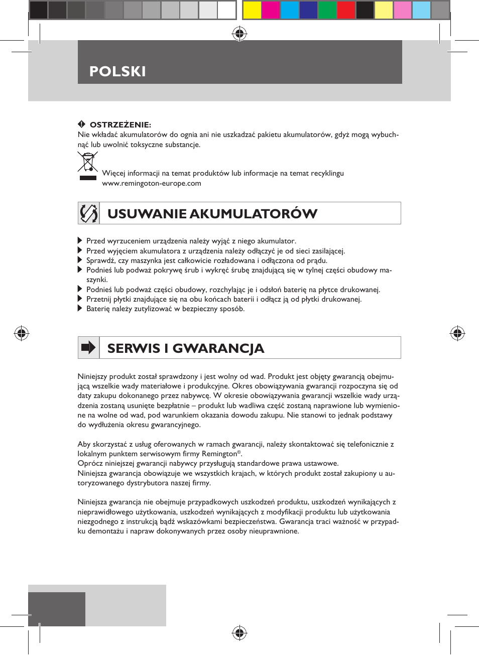 Polski, Usuwanie akumulatorów, Serwis i gwarancja | Remington HC5150 User Manual | Page 74 / 125