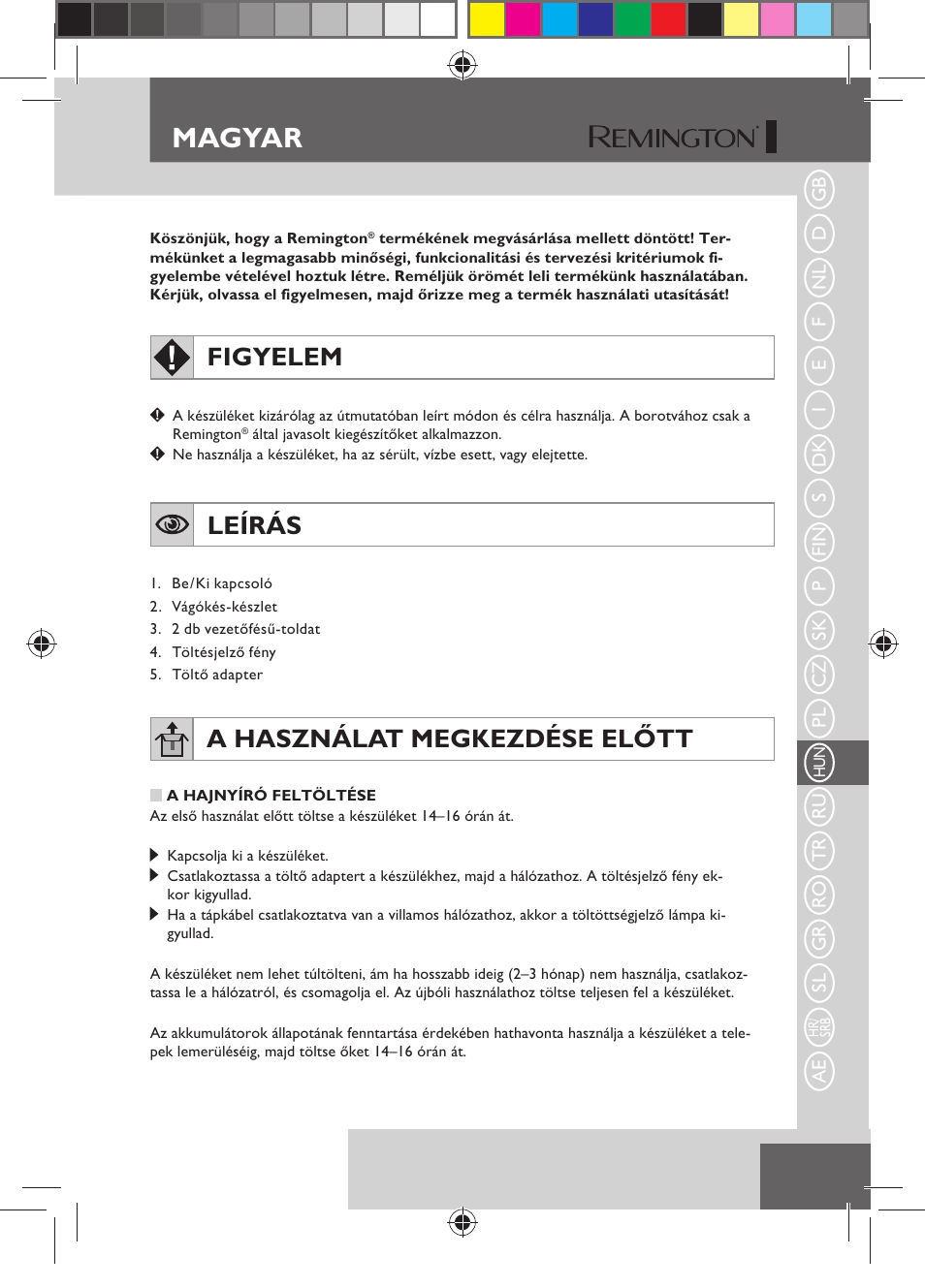 Magyar, Figyelem, Leírás | A használat megkezdése előtt | Remington HC5150 User Manual | Page 75 / 125