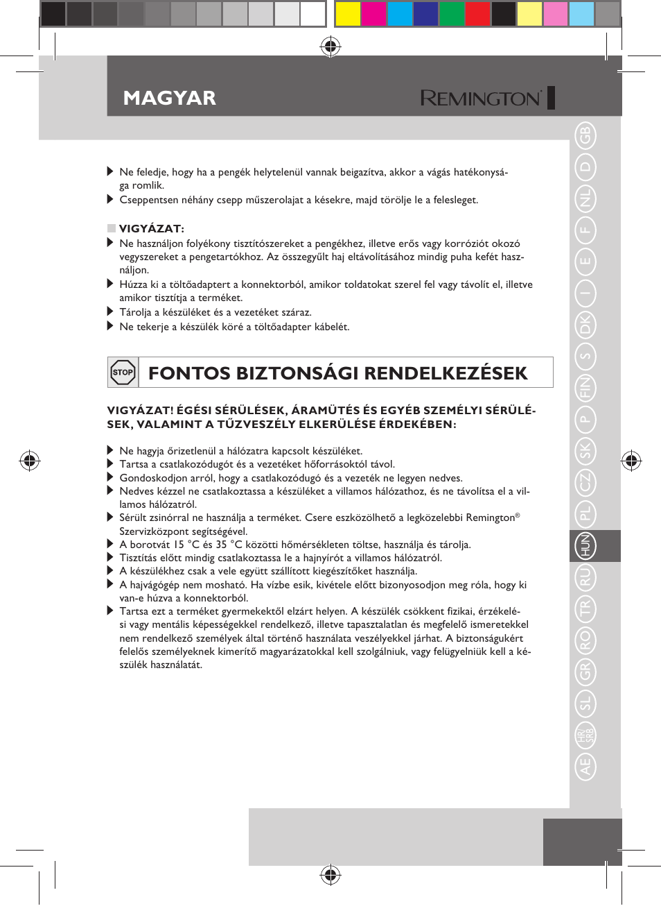 Magyar, Fontos biztonsági rendelkezések | Remington HC5150 User Manual | Page 79 / 125