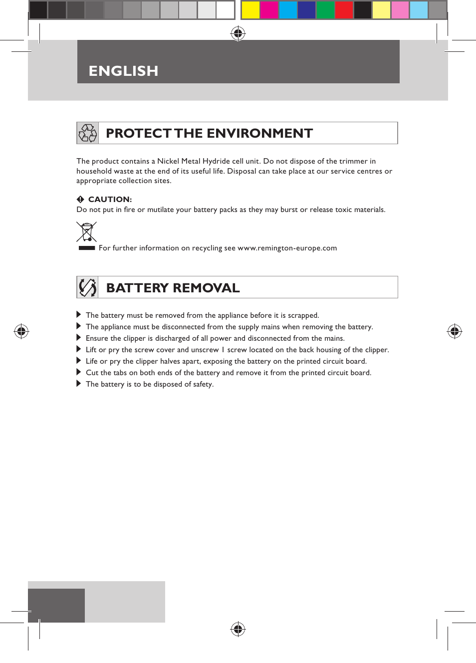 English, Protect the environment, Battery removal | Remington HC5150 User Manual | Page 8 / 125