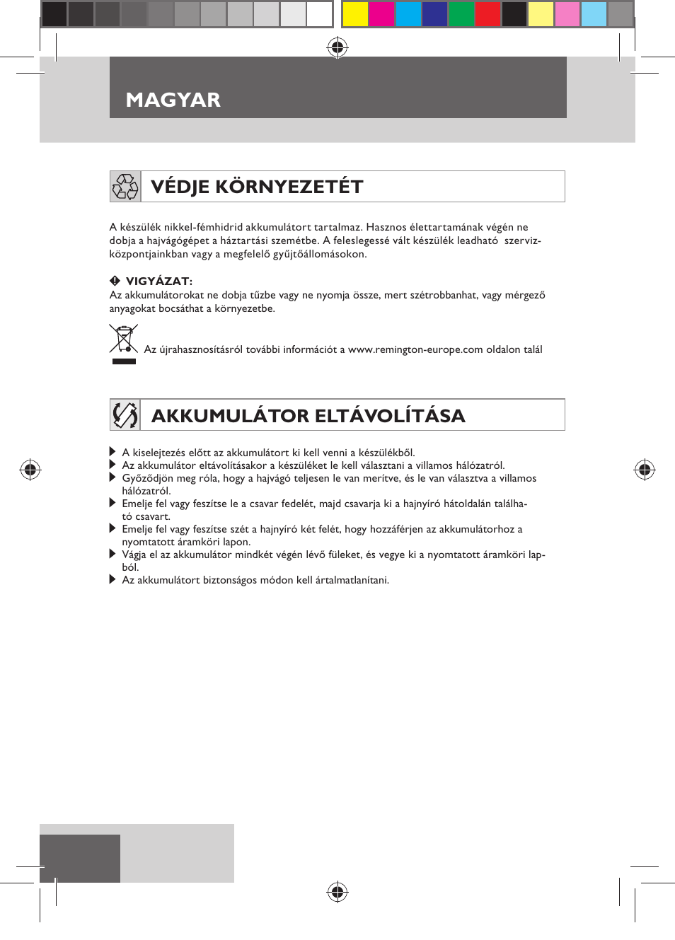 Magyar, Védje környezetét, Akkumulátor eltávolítása | Remington HC5150 User Manual | Page 80 / 125