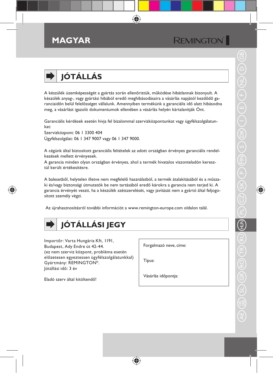 Magyar, Jótállás, Jótállási jegy | Remington HC5150 User Manual | Page 81 / 125