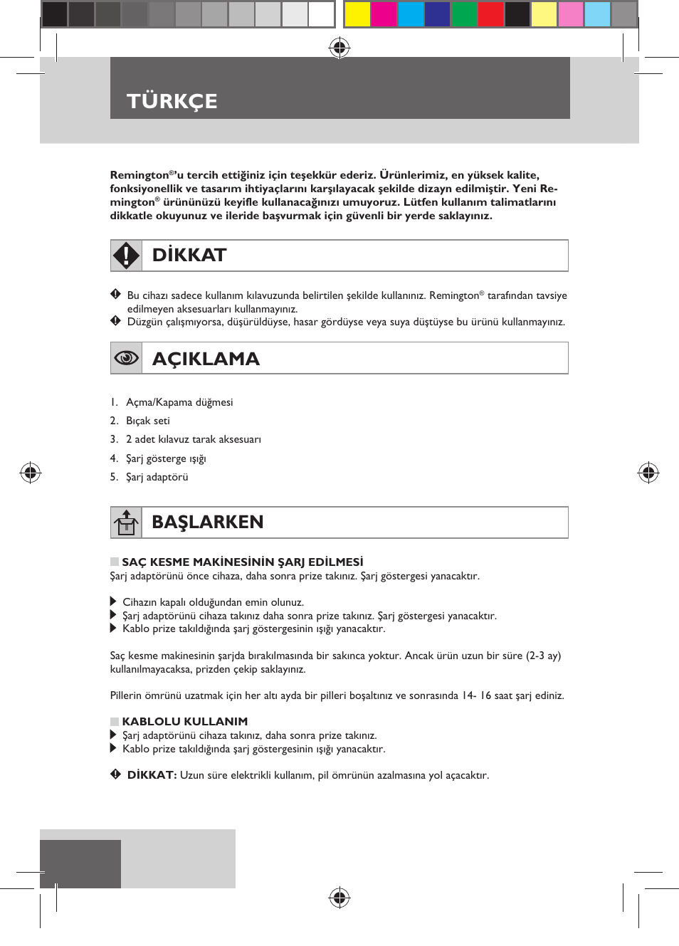 Türkçe, Dikkat, Açiklama | Başlarken | Remington HC5150 User Manual | Page 88 / 125
