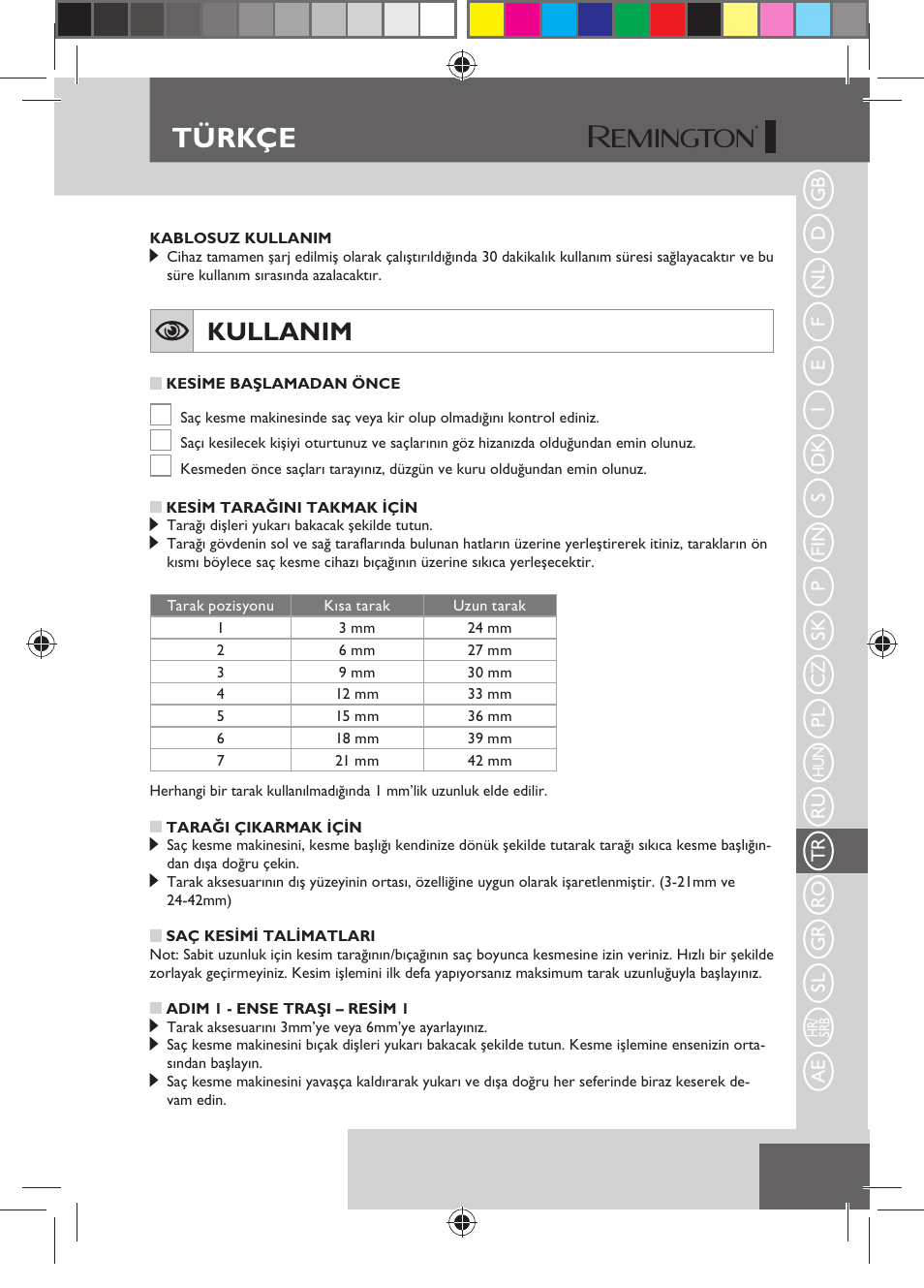 Türkçe, Kullanim | Remington HC5150 User Manual | Page 89 / 125