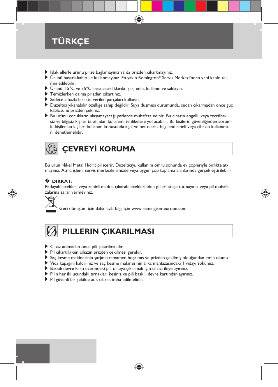 Türkçe, Çevreyi koruma, Pillerin çikarilmasi | Remington HC5150 User Manual | Page 92 / 125