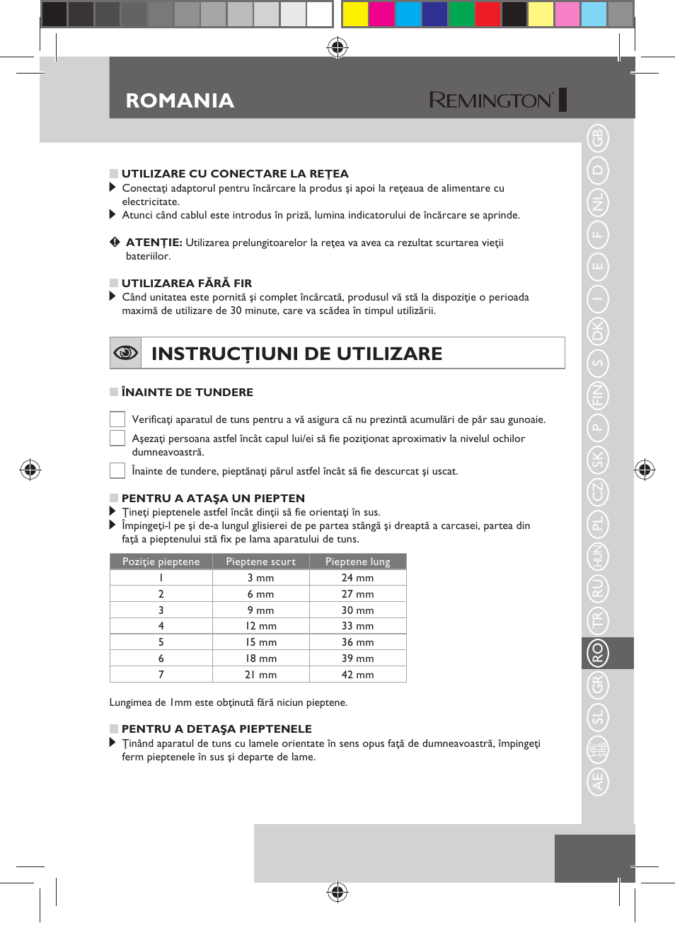 Romania, Instrucţiuni de utilizare | Remington HC5150 User Manual | Page 95 / 125