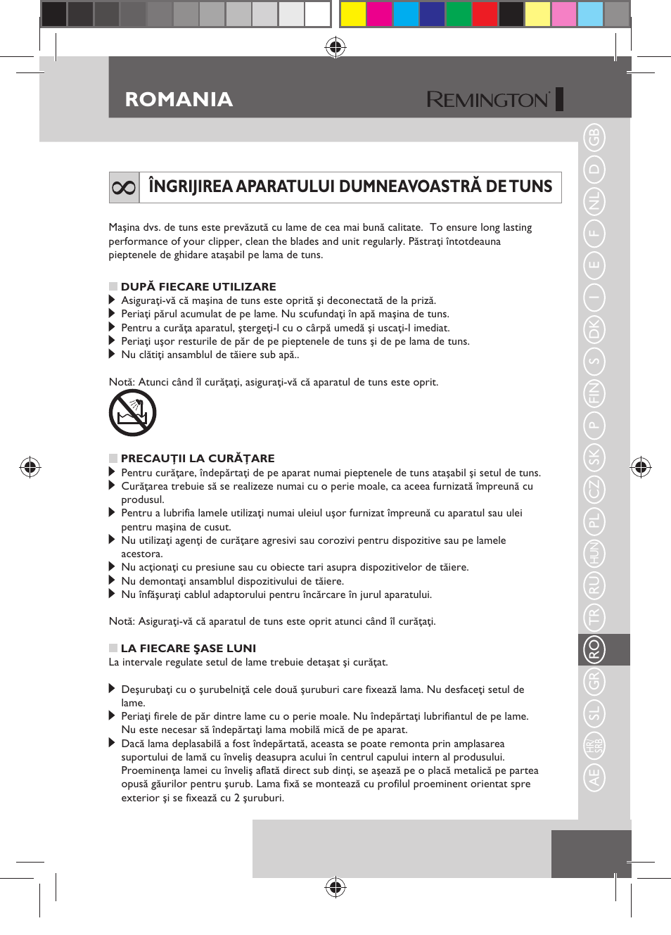 Romania, Îngrijirea aparatului dumneavoastră de tuns | Remington HC5150 User Manual | Page 97 / 125