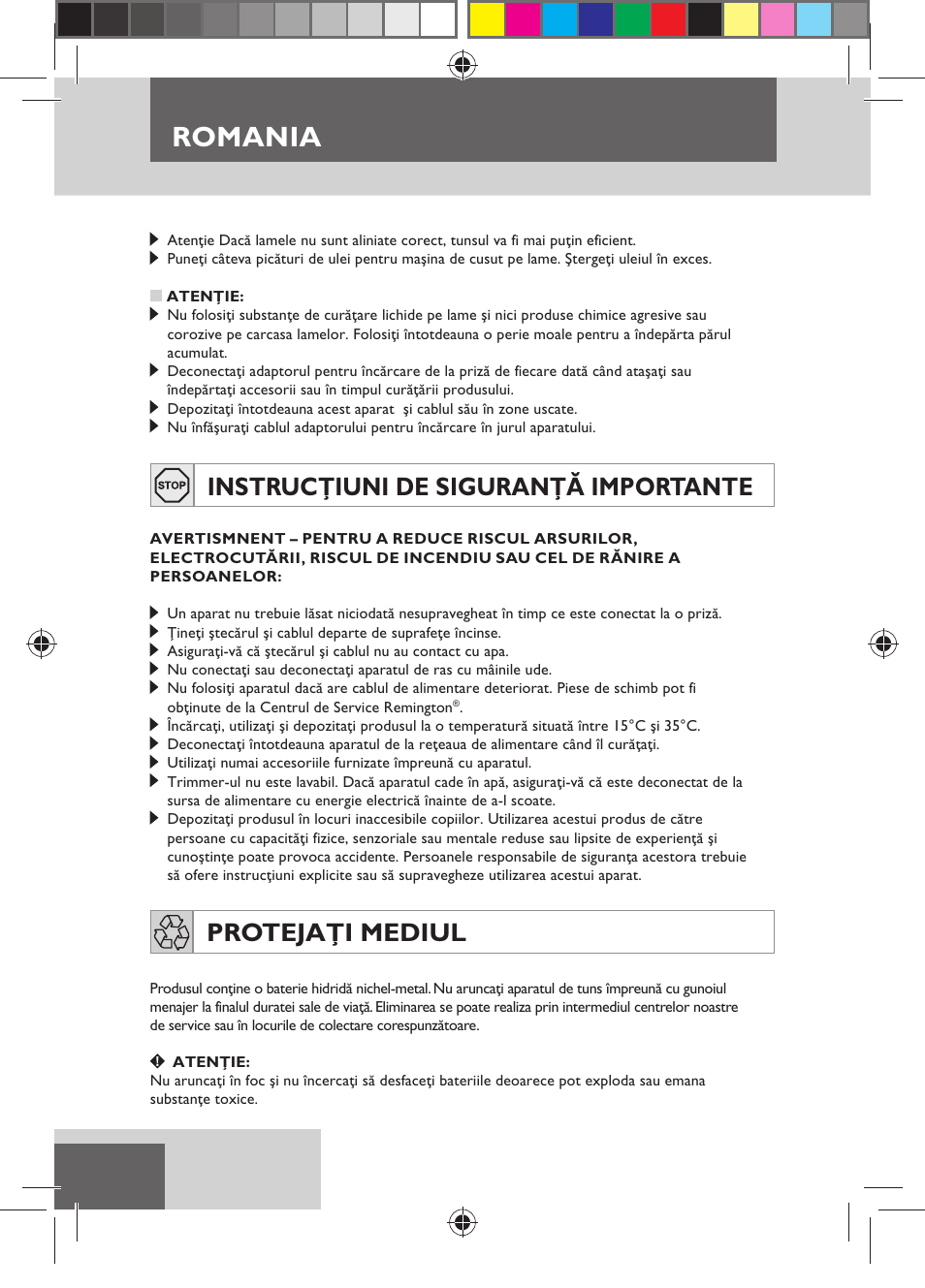 Romania, Instrucţiuni de siguranţă importante, Protejaţi mediul | Remington HC5150 User Manual | Page 98 / 125