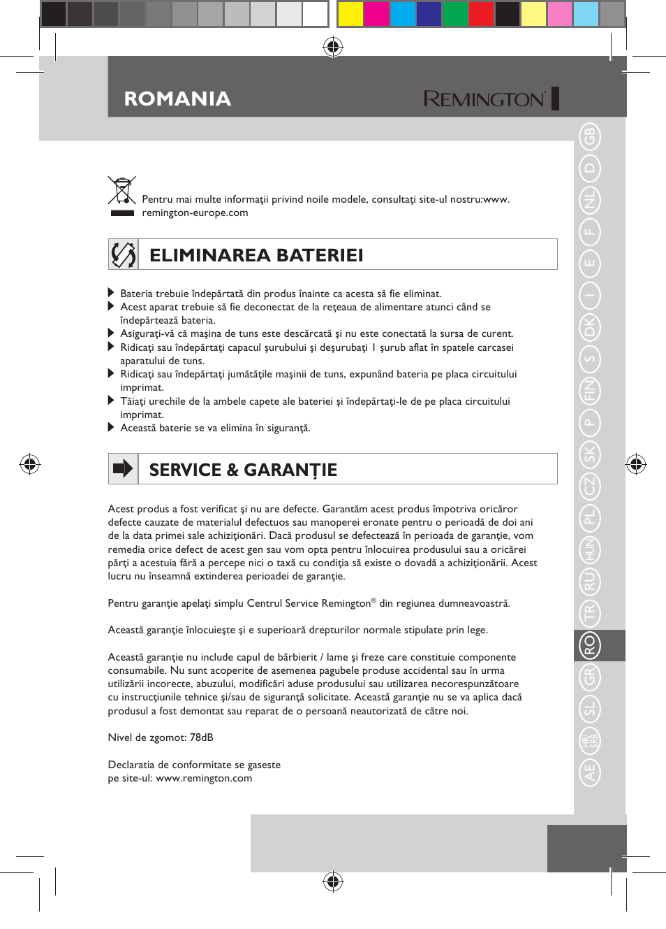Romania, Eliminarea bateriei, Service & garanţie | Remington HC5150 User Manual | Page 99 / 125
