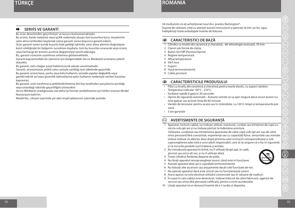 Türkçe, Romania | Remington CI8319 User Manual | Page 27 / 37