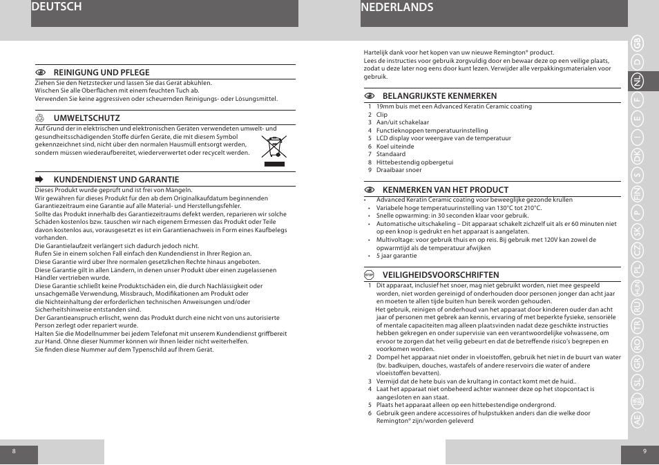 Nederlands deutsch | Remington CI8319 User Manual | Page 5 / 37