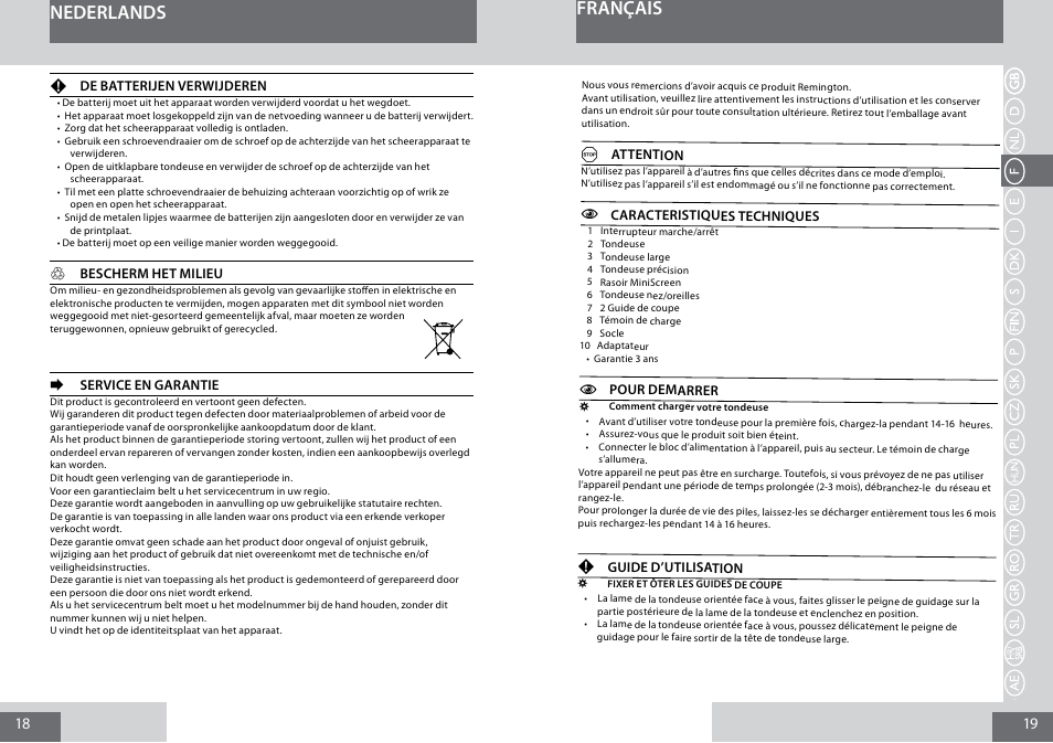 Nederlands, Français | Remington PG6030 User Manual | Page 10 / 60