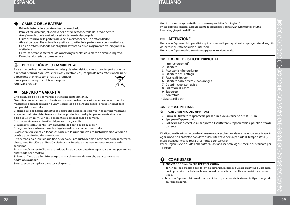 Español, Italiano | Remington PG6030 User Manual | Page 15 / 60