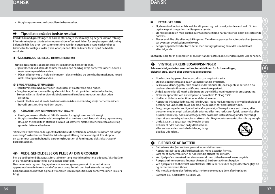 Dansk | Remington PG6030 User Manual | Page 19 / 60