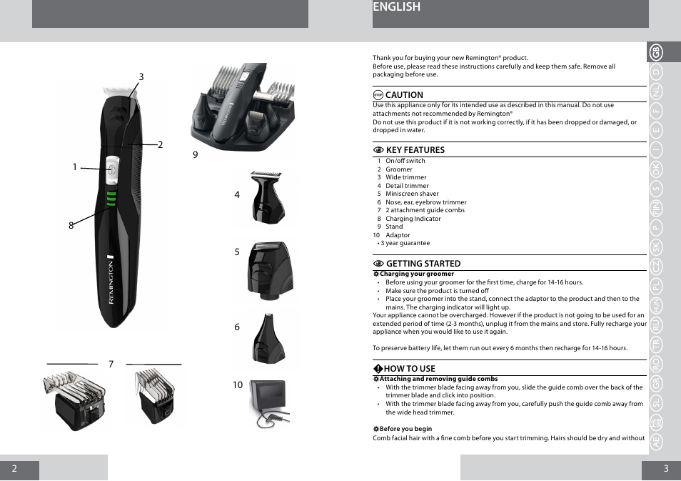 English | Remington PG6030 User Manual | Page 2 / 60