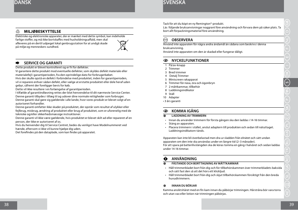 Dansk, Svenska | Remington PG6030 User Manual | Page 20 / 60