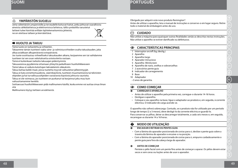 Suomi, Português | Remington PG6030 User Manual | Page 25 / 60