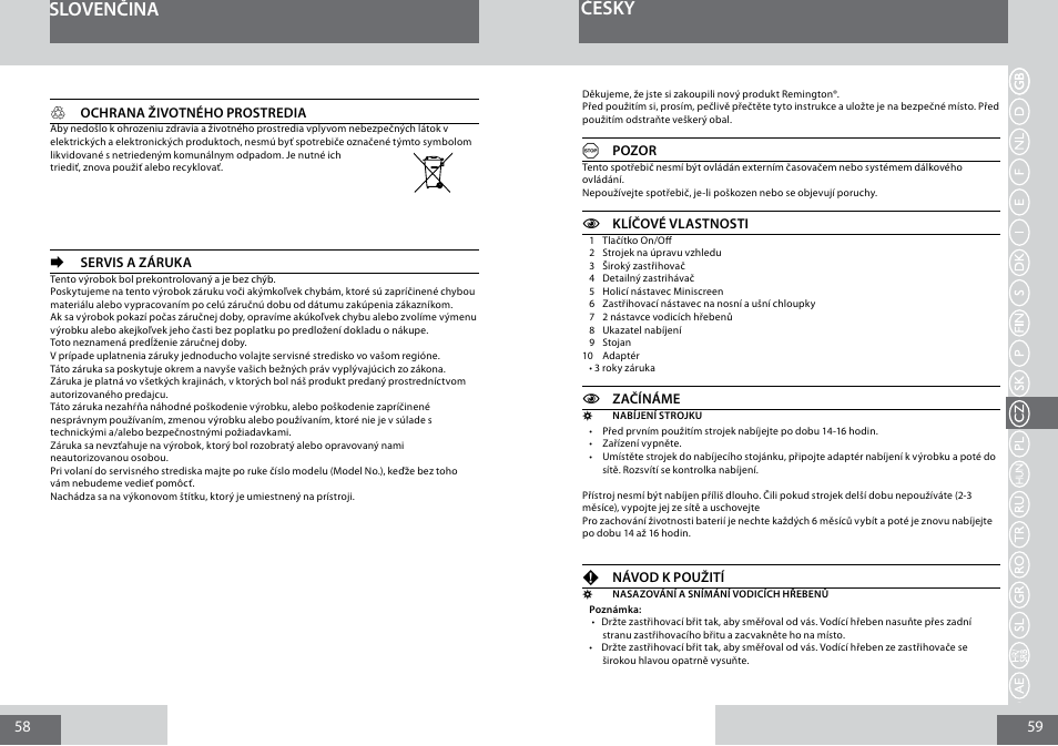 Slovenčina, Česky | Remington PG6030 User Manual | Page 30 / 60