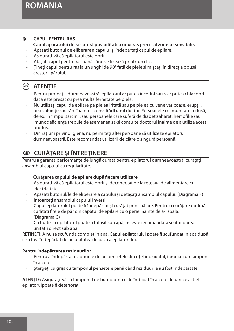 Romania, Atenţie, Ccurățare și întreținere | Remington EP7020 User Manual | Page 102 / 132